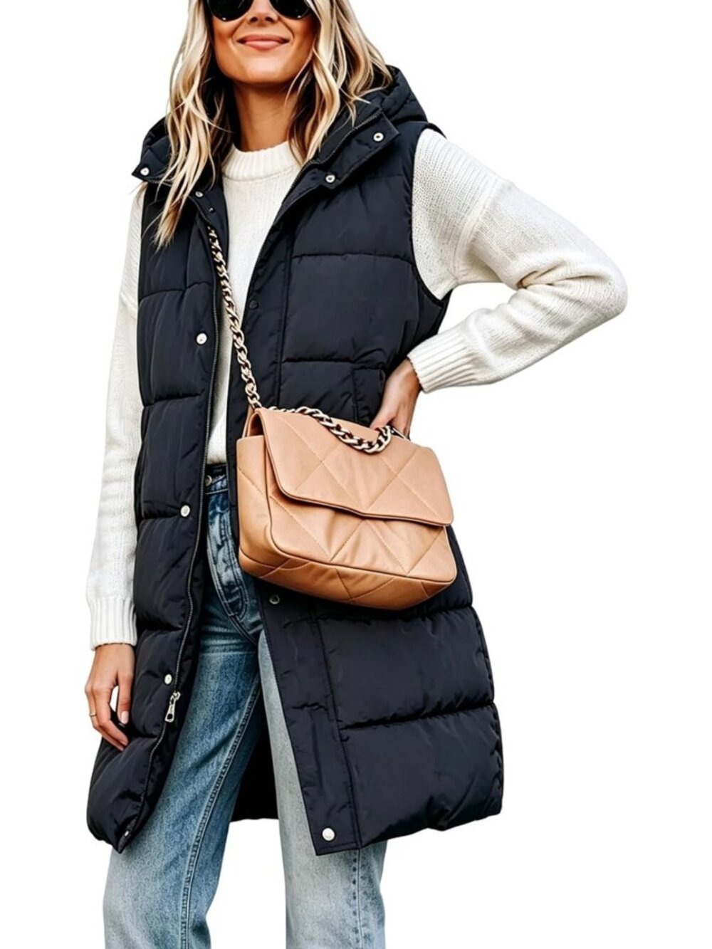 Cozy Tan Long Puffer Vest with Removable Hood for Women - Perfect Winter Layer